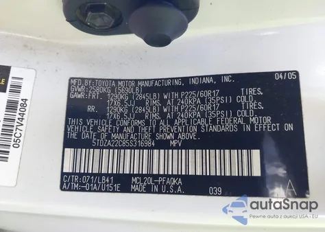 2005 Toyota Sienna Xle Limited from USA, damaged, VIN 5TDZA22C85S316984